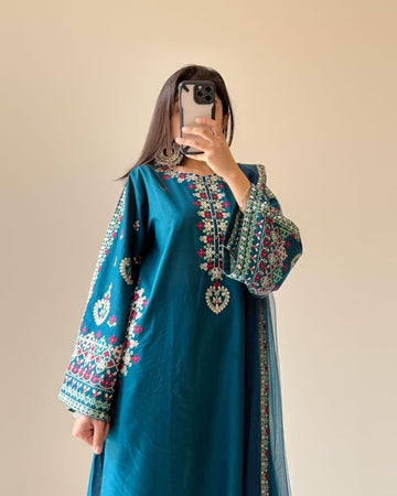 Elangat Teal Elegance Embroidered 3- piece Suit