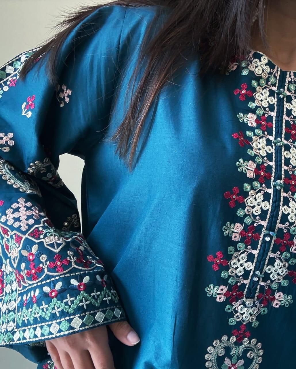 Elangat Teal Elegance Embroidered 3- piece Suit
