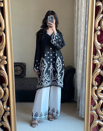 Elegance in Chicken Kari Koh-e-Noor black and White 2pecie Summer Collection