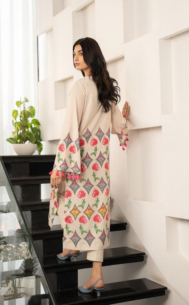 Elegant Printed Cream Floral Long Dress 2pcs summer collection